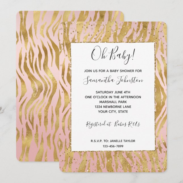 Rosa Guld Glitter Zebrababyshower Inbjudningar (Fram/baksida)