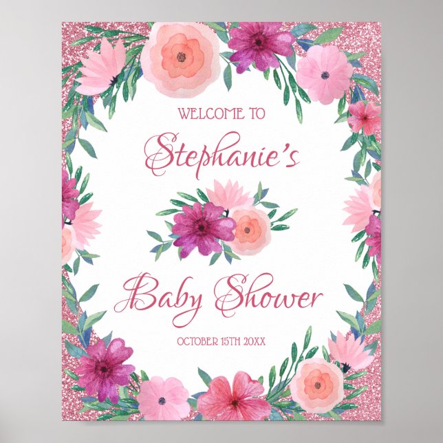 Rosa guld- glitterbaby shower för rosa blommigt poster (Framsidan)