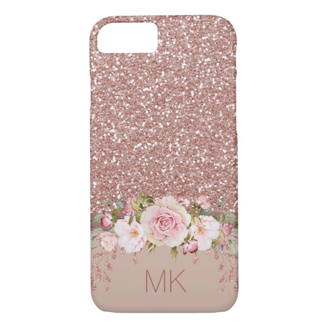 Rosa guld- glitterblommigt med monogramen Case-Mate iPhone skal (Baksida)