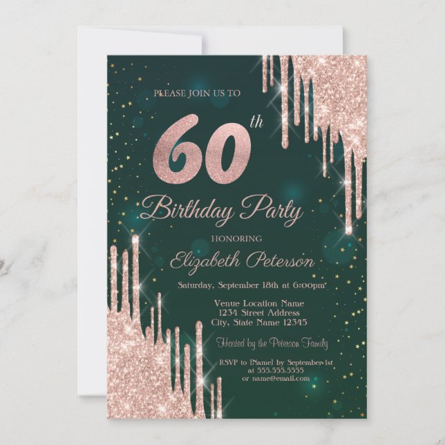 Rosa Guld Glitterdroppar Grön 60-årsdag Inbjudningar (Framsida)