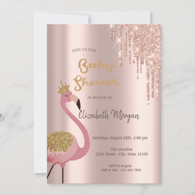 Rosa Guld Glitterdroppar, Söta Rosa Flamingos Inbjudningar (Framsida)