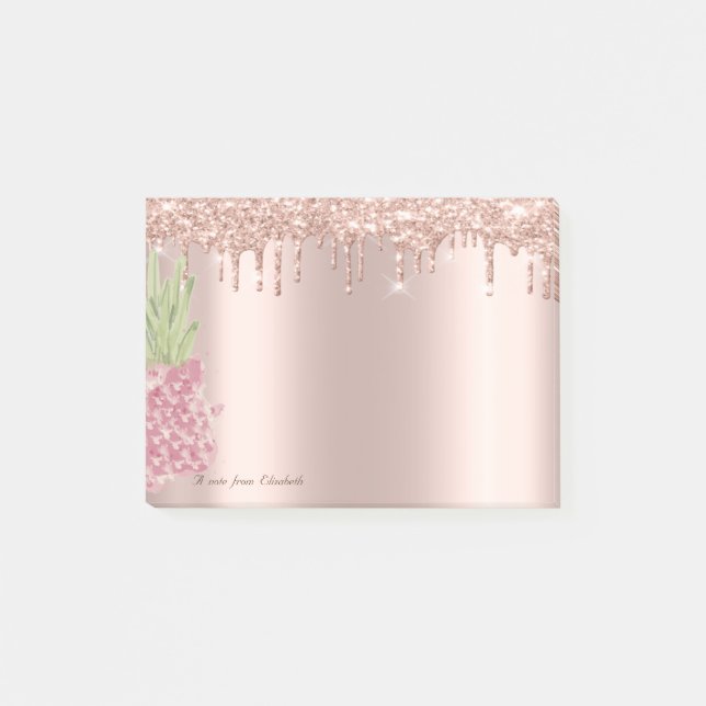 Rosa Guld Glitterdroppar Vattenfärg Ananas Post-it Block (Framsida)