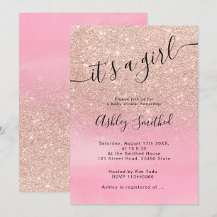 Rosa guld- glitterombrerosor skrivar baby shower inbjudningar