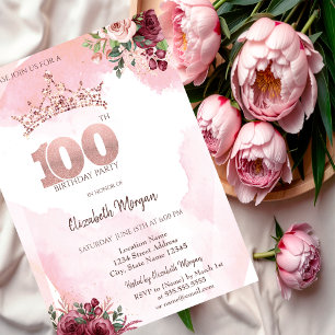 Rosa Guld Glittrande Rosor Krona 100-årsdag Inbjudningar