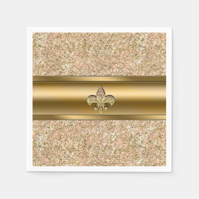 Rosa & Guld Glittrig Fleur de lis-fest Pappersservett (Framsidan)