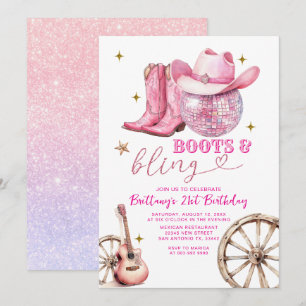Rosa Guld Glittter Boots and Bling 21:a födelsedag Inbjudningar