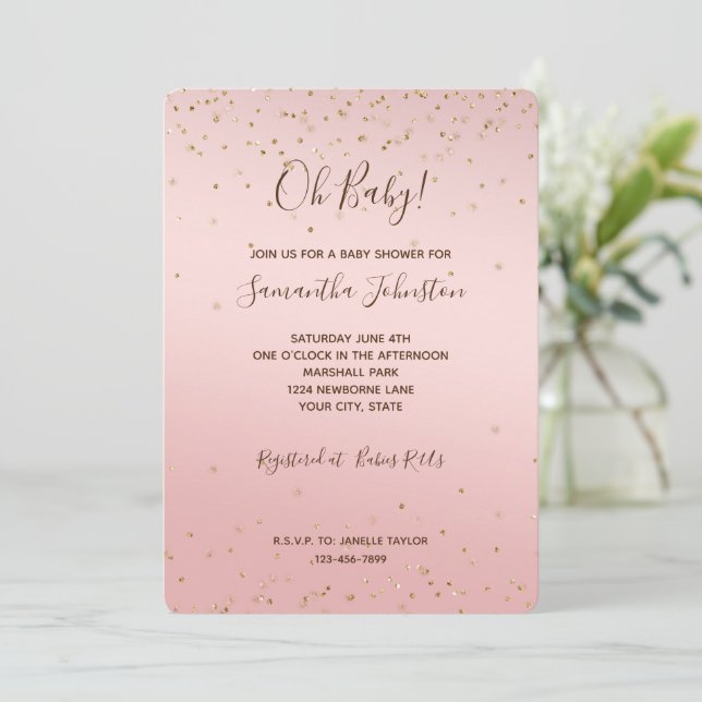 Rosa  Guld Glitz Confetti Gnistra Baby Shower Inbjudningar (Stående Fram)