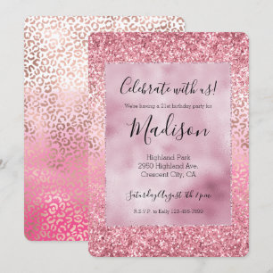 Rosa Guld Glitzy Glitter Ombre Leopard Skriv ut Inbjudningar