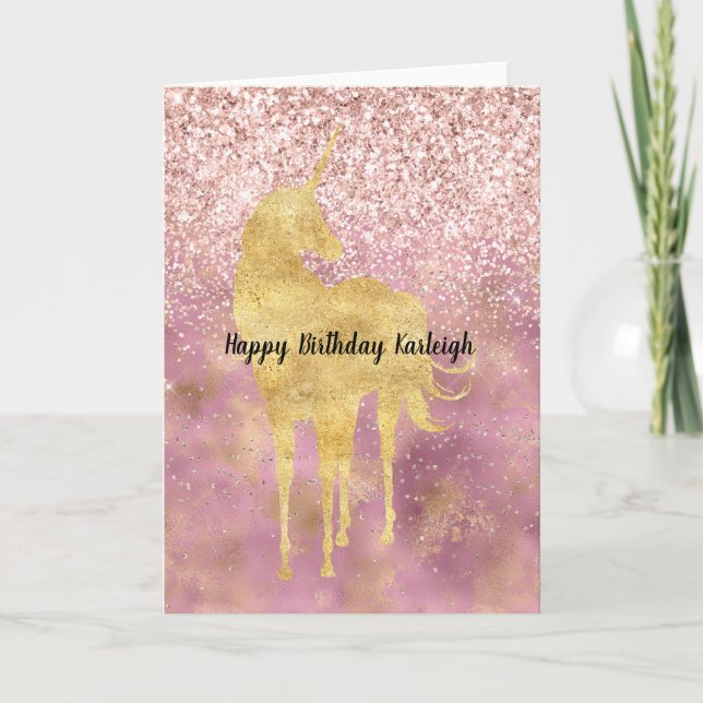 Rosa Guld Glitzy Glitter Unicorn Kort (Framsida)