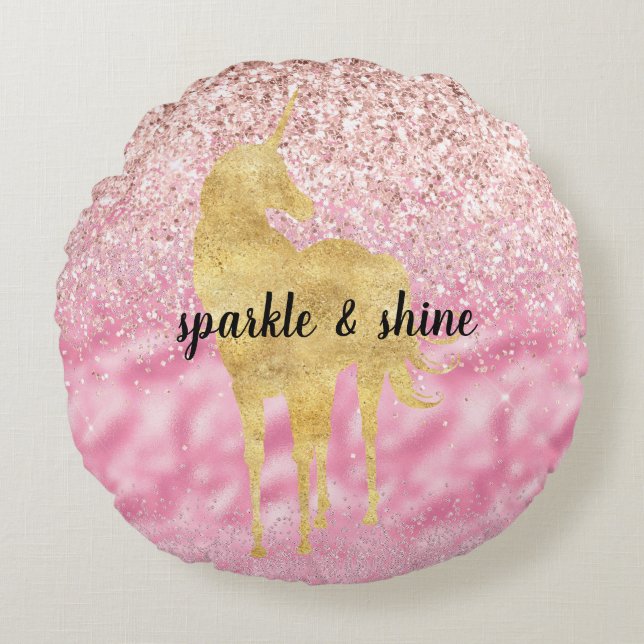 Rosa Guld Glitzy Glitter Unicorn Rund Kudde (Framsidan)