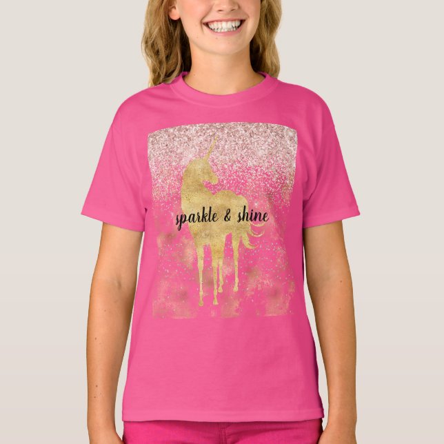 Rosa Guld Glitzy Glitter Unicorn T Shirt (Framsida)