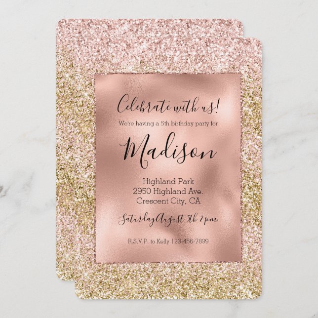 Rosa Guld Glitzy Gnistra Glitter Ombre Inbjudningar (Fram/baksida)