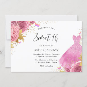 Rosa & Guld Gnistra Dress Blommigt Sweet 16 Inbjudningar