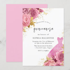 Rosa & Guld Gnistra Dress Ro Quinceanera Party Inbjudningar
