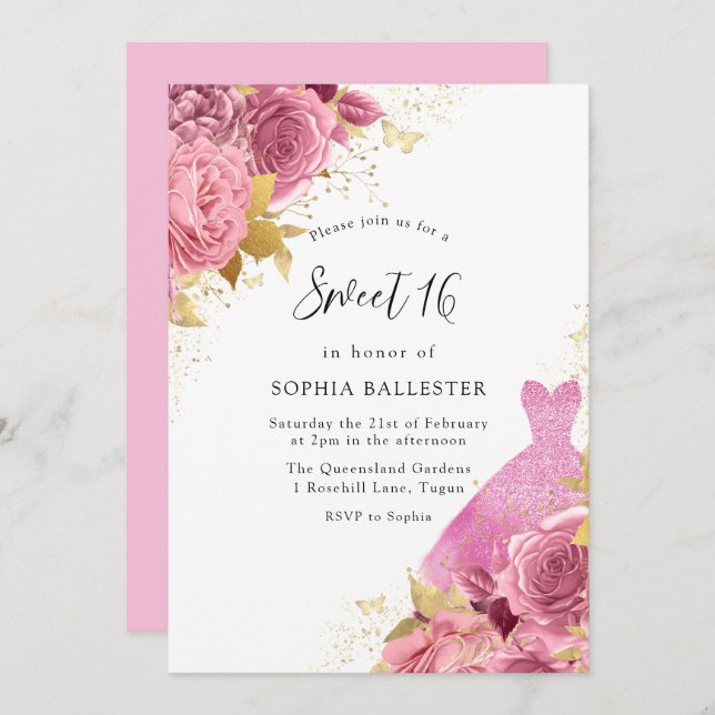 Rosa & Guld Gnistra Dress Ro Sweet 16 Party Inbjudningar (Fram/baksida)