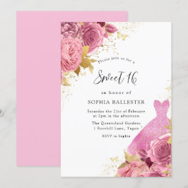 Rosa & Guld Gnistra Dress Ro Sweet 16 Party Inbjudningar