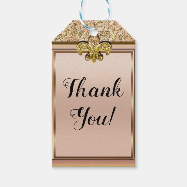 Rosa & Guld Gnistra Glittery Fleur de lis Party Presentetikett (Framsidan)