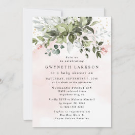 Rosa Guld Greenery Dusty Blue Baby Shower Inbjudningar