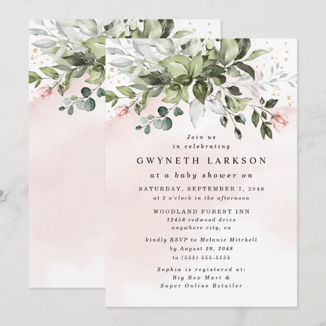  Rosa Guld Greenery Dusty Blue Baby Shower Inbjudningar (Fram/baksida)