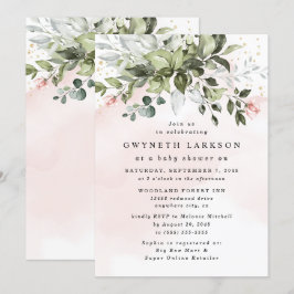 Rosa Guld Greenery Dusty Blue Baby Shower Inbjudningar