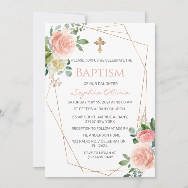Rosa Guld Greenery Eucalyptus Girl Baptism Investi Inbjudningar (Framsida)