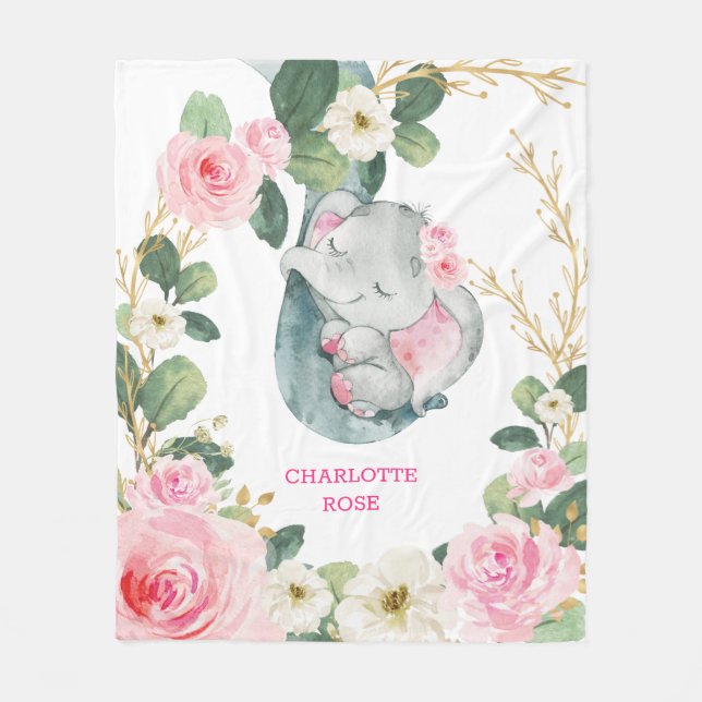 Rosa Guld Greenery Ro Elephant Girl Nursery Fleecefilt (Framsidan)