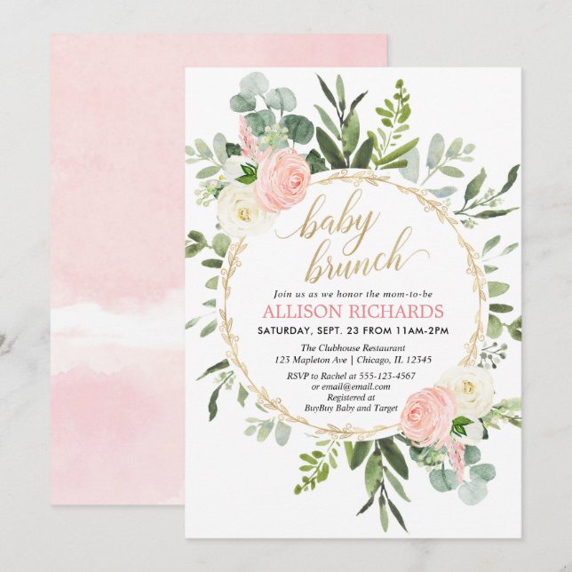 Rosa guld Grey elegant girl baby brunch Inbjudningar (Fram/baksida)