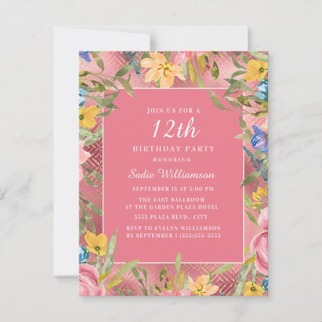 Rosa Guld Gul Blå Blommig 12-årsdag Inbjudningar (Framsida)