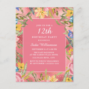 Rosa Guld Gul Blå Blommig 12-årsdag Inbjudningar