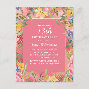 Rosa Guld Gul Blå Blommig 13-årsdag Inbjudningar