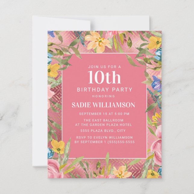 Rosa Guld Gult Blue Blommigt Girl's 10 th Birthday Inbjudningar (Framsida)