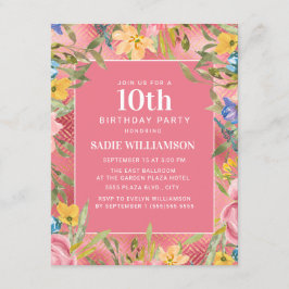 Rosa Guld Gult Blue Blommigt Girl's 10 th Birthday Inbjudningar