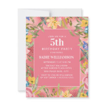 Rosa Guld Gult Blue Blommigt Girl's 5th Birthday