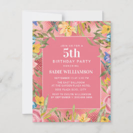 Rosa Guld Gult Blue Blommigt Girl's 5th Birthday Inbjudningar