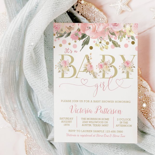 Rosa Guld har en Blommigt för  av flickans vattenf Inbjudningar (Pink and gold watercolor floral baby shower invitation with pretty floral and heart script text. )