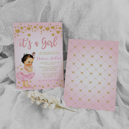 Rosa Guld Heart Girl Tutu Baby Shower-inbjudan Inbjudningar