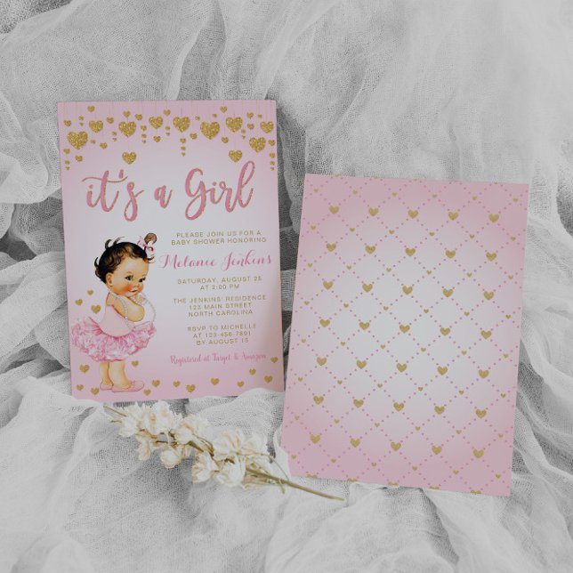 Rosa Guld Heart Girl Tutu Baby Shower-inbjudan Inbjudningar (Skapare uppladdad)