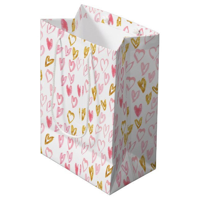 Rosa & Guld Hearts Gift Bag (Framsidan Vinklad)