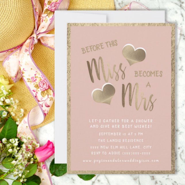  Rosa Guld Hearts Miss Möhippa Inbjudningar (Cute pink and gold Miss to Mrs. bridal shower invitation)