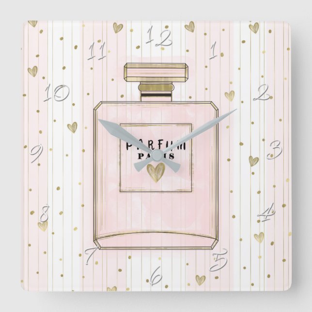 Rosa & Guld Hearts Paris Parfum Chic Mode Fyrkantig Klocka (Framsida)