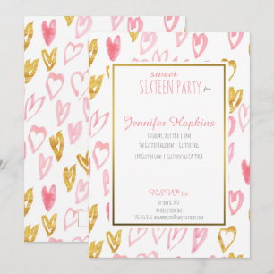 Rosa & Guld Hearts Party-inbjudningar Inbjudningar
