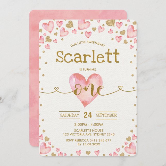 Rosa Guld Hearts Sötnost 1:a födelsedag Inbjudan (Fram/baksida)