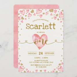Rosa Guld Hearts Sötnost 1:a födelsedag Inbjudan
