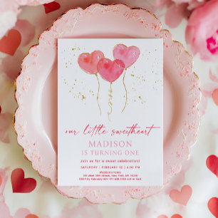 Rosa Guld Hearts Sweet First Birthday Inbjudningar