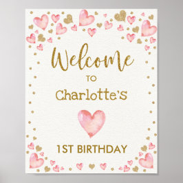 Rosa Guld Hearts välkomstskylt Första födelsedag Poster
