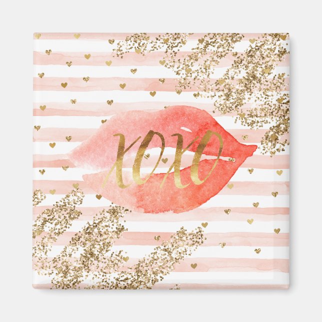  Rosa Guld Hearts XOXO Glitter Läppar Magnet (Framsidan)