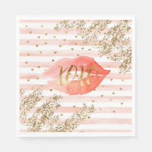 Rosa Guld Hearts XOXO Glitter Läppar Pappersservett