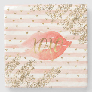 Rosa Guld Hearts XOXO Glitter Läppar Stenunderlägg