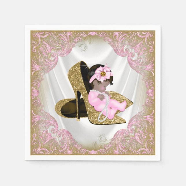 Rosa Guld High Heel Shoe Ethnic Girl Baby Shower Pappersservett (Framsidan)