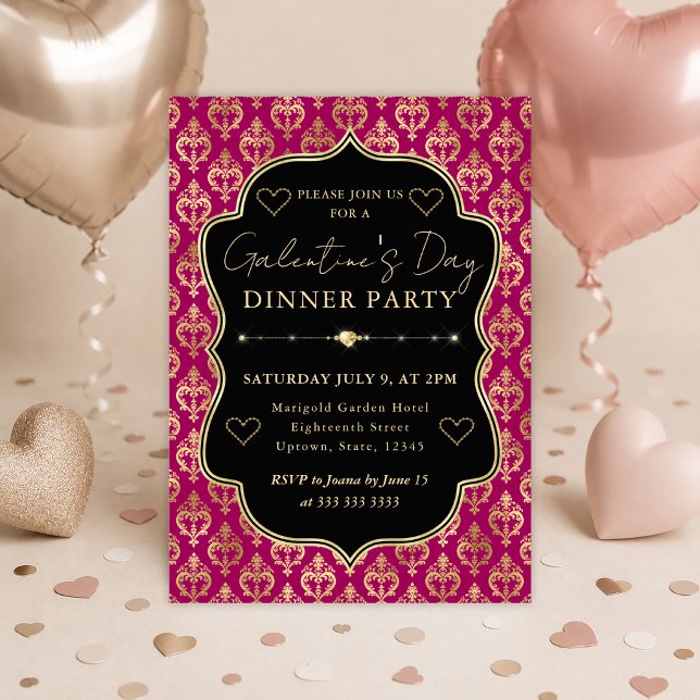 Rosa & Guld Hjärt Damascos Galentine's Middagspart Inbjudningar (Skapare uppladdad)